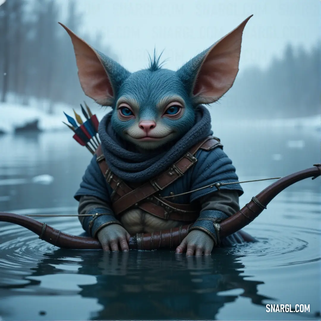 A whimsical blue cat with playful horns and a colorful scarf swims through tranquil waters, arrows adorning its mouth. This enchanting scene is a blend of playful fantasy and adventure, highlighting the cat's quirky charm amid a serene aquatic backdrop.