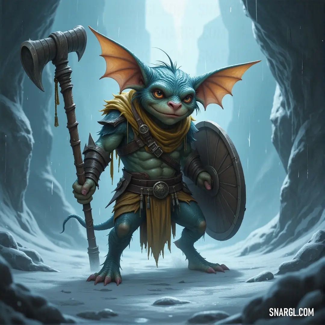 Deep within a snowy cave, a mysterious creature with a horned head clutches a sword, ready to defend its icy domain. The glistening snow blankets the ground, hinting at an extraordinary tale waiting to unfold in this chilled haven.