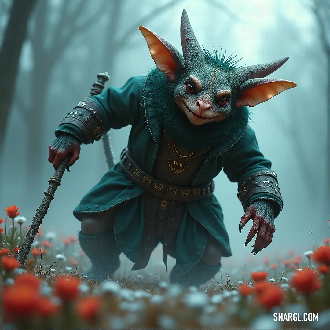 Amidst a vibrant field of blossoms, a creature with playful horns dons a green outfit and holds a stick, exuding mischief. The colorful flowers create a picturesque backdrop, framing the perfect moment in this lively natural setting.