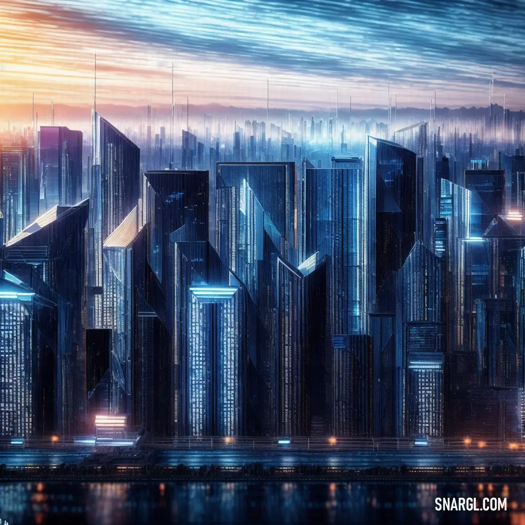 A futuristic cityscape filled with towering skyscrapers lit up by brilliant lights, reflected perfectly in the calm waters below. The dark night sky sets the stage for the glowing urban skyline, creating a mesmerizing contrast of light and shadow.