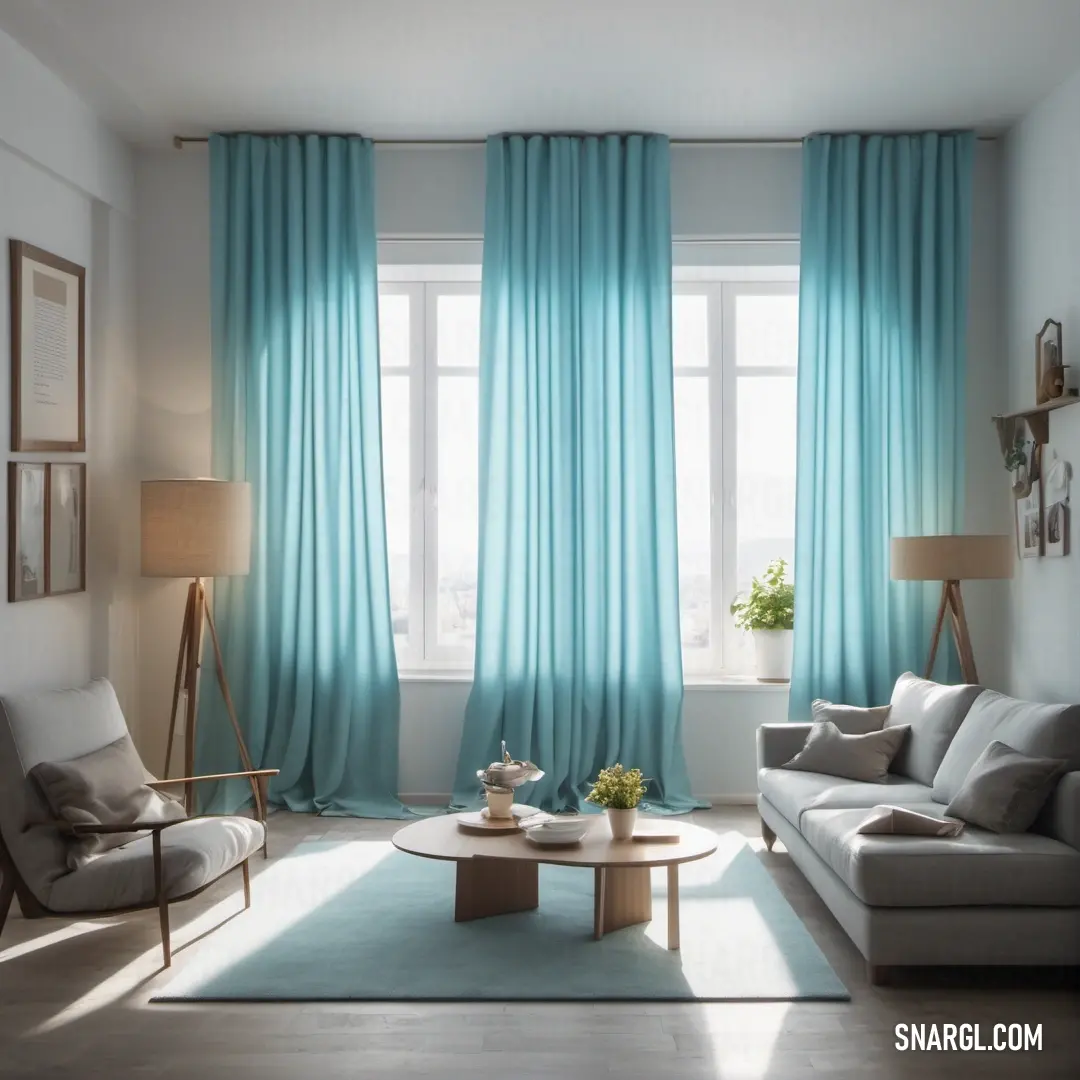 A cozy living room design showcases a comfortable couch and stylish chair, enveloped by refreshing shades of blue. The inviting atmosphere encourages relaxation and socializing in this tranquil space.