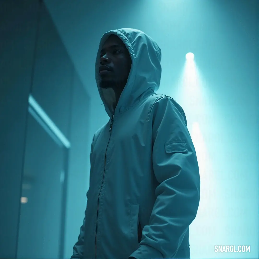 A man dressed in a stylish hooded jacket stands thoughtfully in a well-lit room, with a soft glow emanating from a light fixture on the wall behind him, creating a serene atmosphere that adds to the intriguing vibe of the scene.