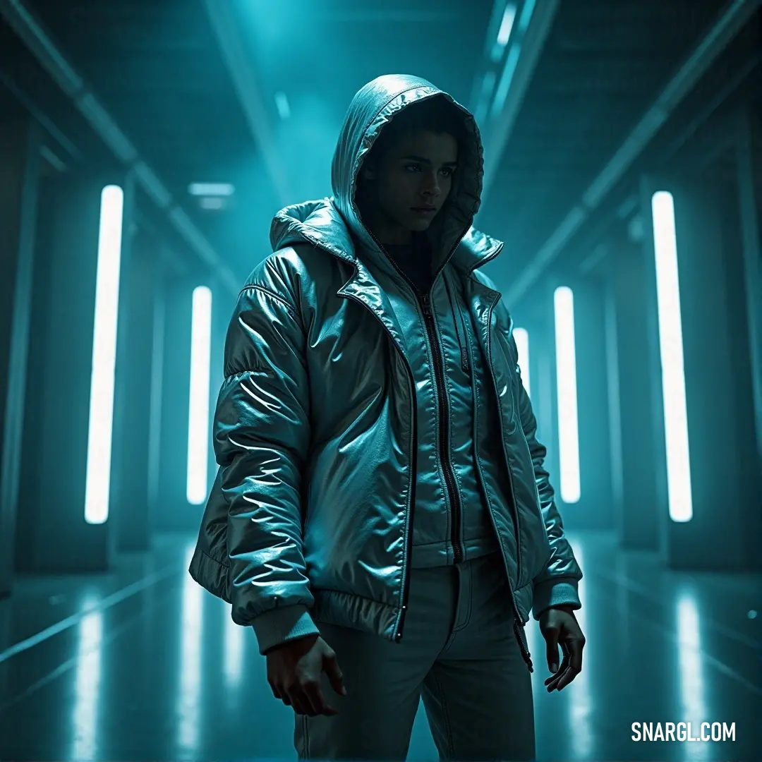 A man in a fashionable hooded jacket strides confidently down a modern hallway, illuminated by vibrant lights lining the walls, while an ethereal blue glow from behind him adds a dynamic layer to the scene, suggesting movement and purpose.