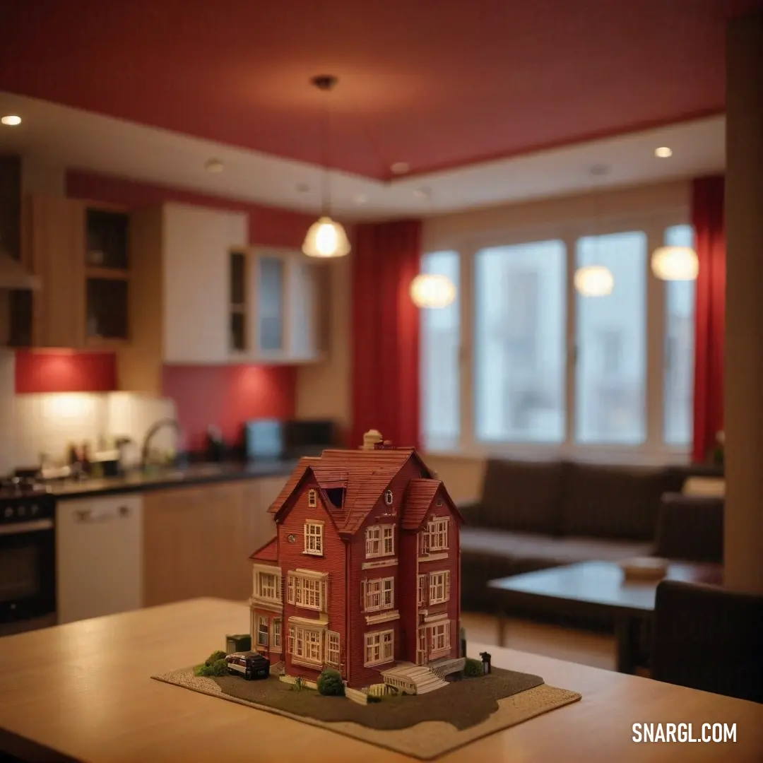 A beautifully detailed model of a house takes center stage on a table, surrounded by the warmth of a living room adorned with striking red walls. The vibrant color palette stimulates creativity, making every corner a visual celebration of home and comfort