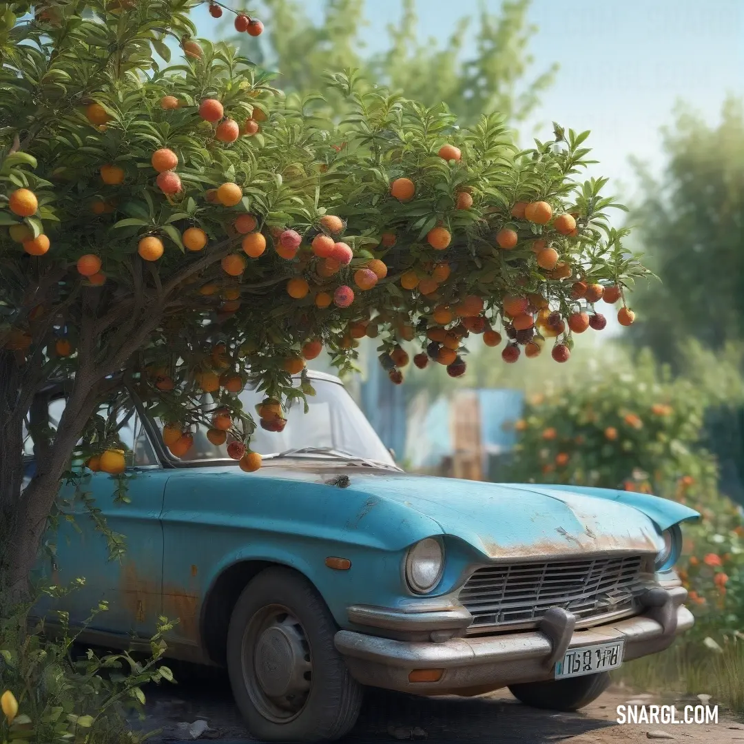 An old car, gently parked under a sprawling tree with vibrant oranges hanging from its branches, creates a nostalgic scene infused with sunlight, capturing a moment of rustic charm and tranquility.