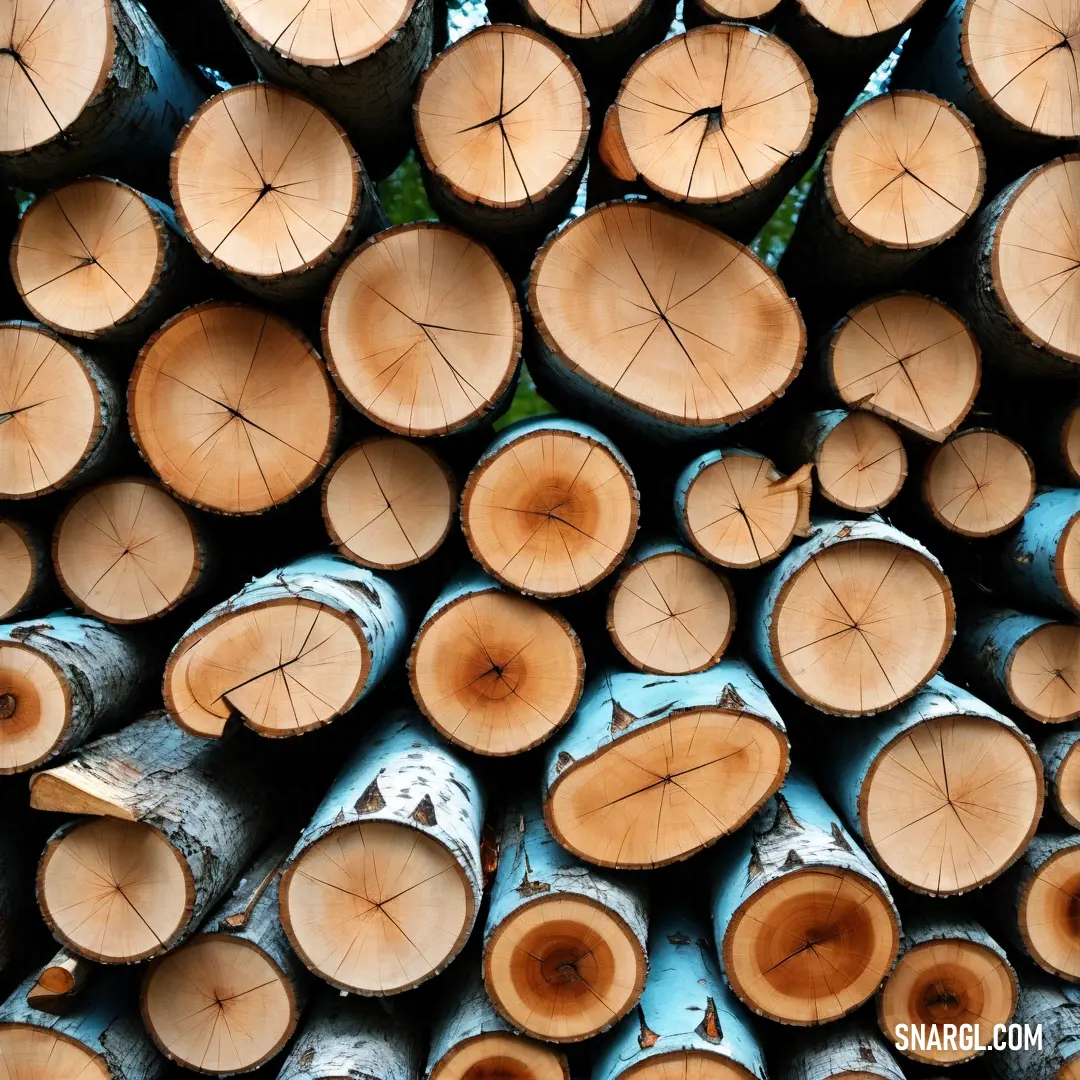 A captivating scene featuring a neatly stacked pile of freshly cut logs, hinting at an industrious lumberyard. In the background, lush green plants peek through, adding a touch of nature to the rustic setting, all under a bright sky.