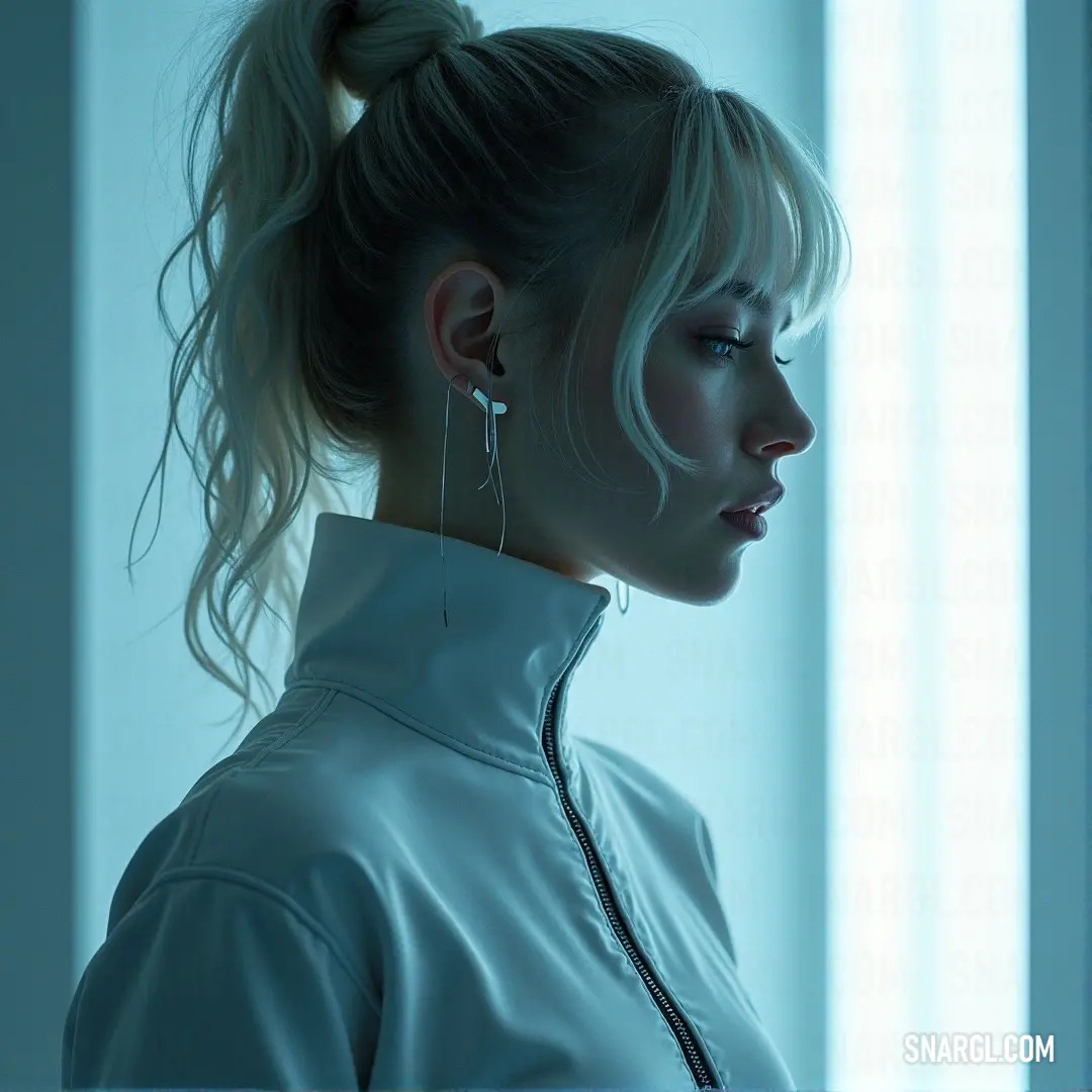 A woman with a sophisticated ponytail dons a crisp white jacket, gazes thoughtfully into the distance, illuminated by a soft, radiant light that highlights her serene expression, evoking a moment of reflection and hope.