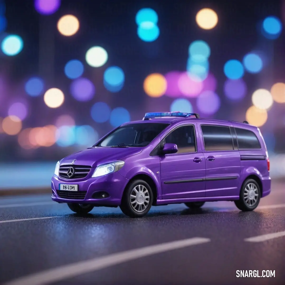 A striking purple van parked under the streetlights, at night, presents a fascinating sight against a backdrop of colorful bokeh lights. It stands out majestically, making its presence known even in the dimmest surroundings.