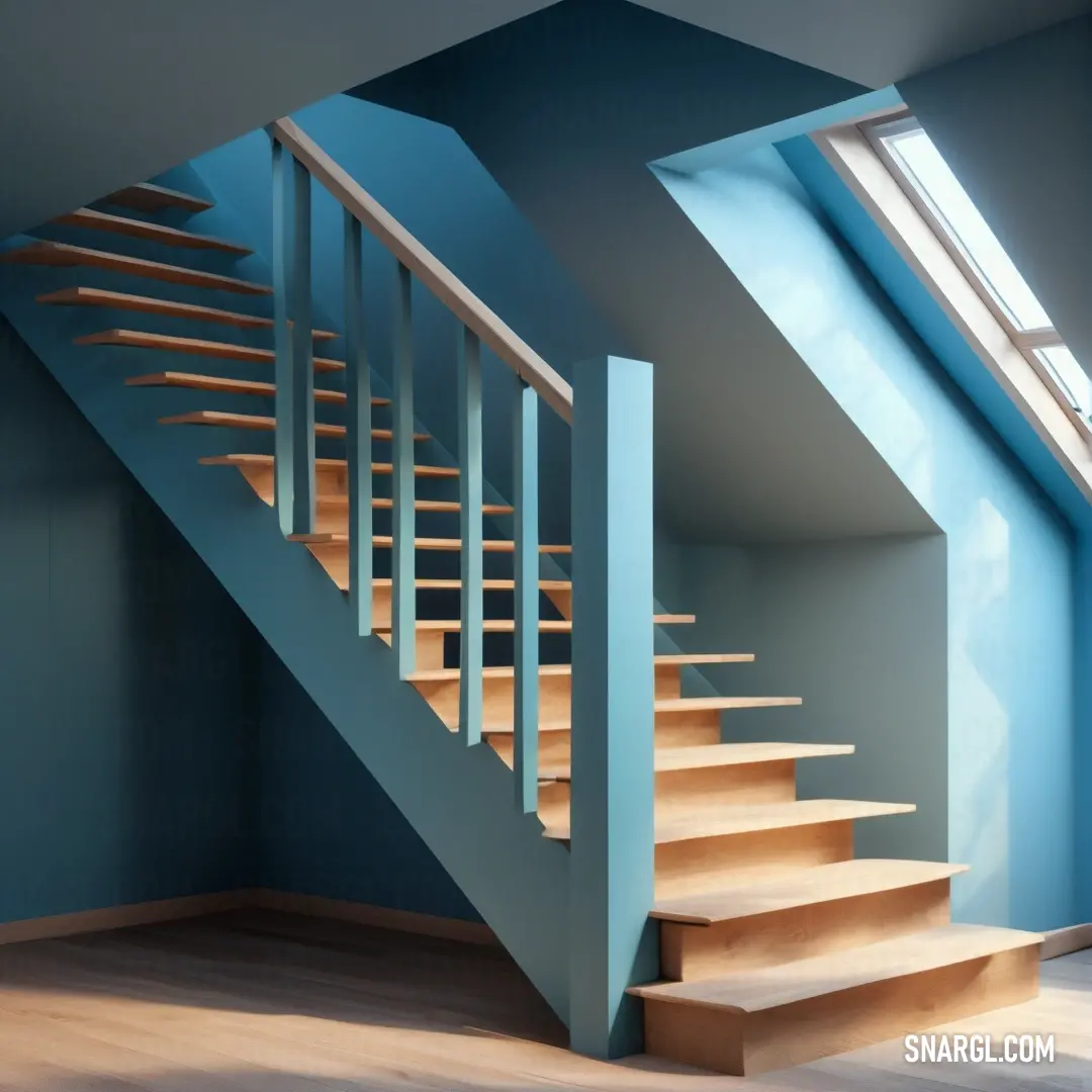 The elegant staircase gracefully ascends beneath a skylight that floods the room with soft, natural light. Its blue walls complement the warm wooden floors, creating a welcoming ambiance perfect for any home.