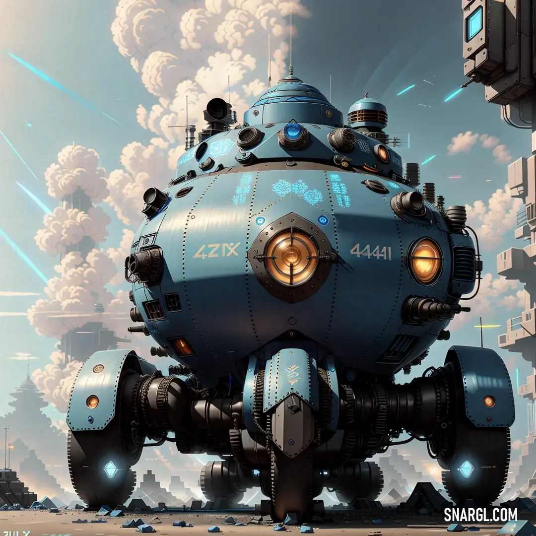 Futuristic blue submarine floating in the air with smoke billowing out of it's back end and a sky background. Example of PANTONE 2975 color.