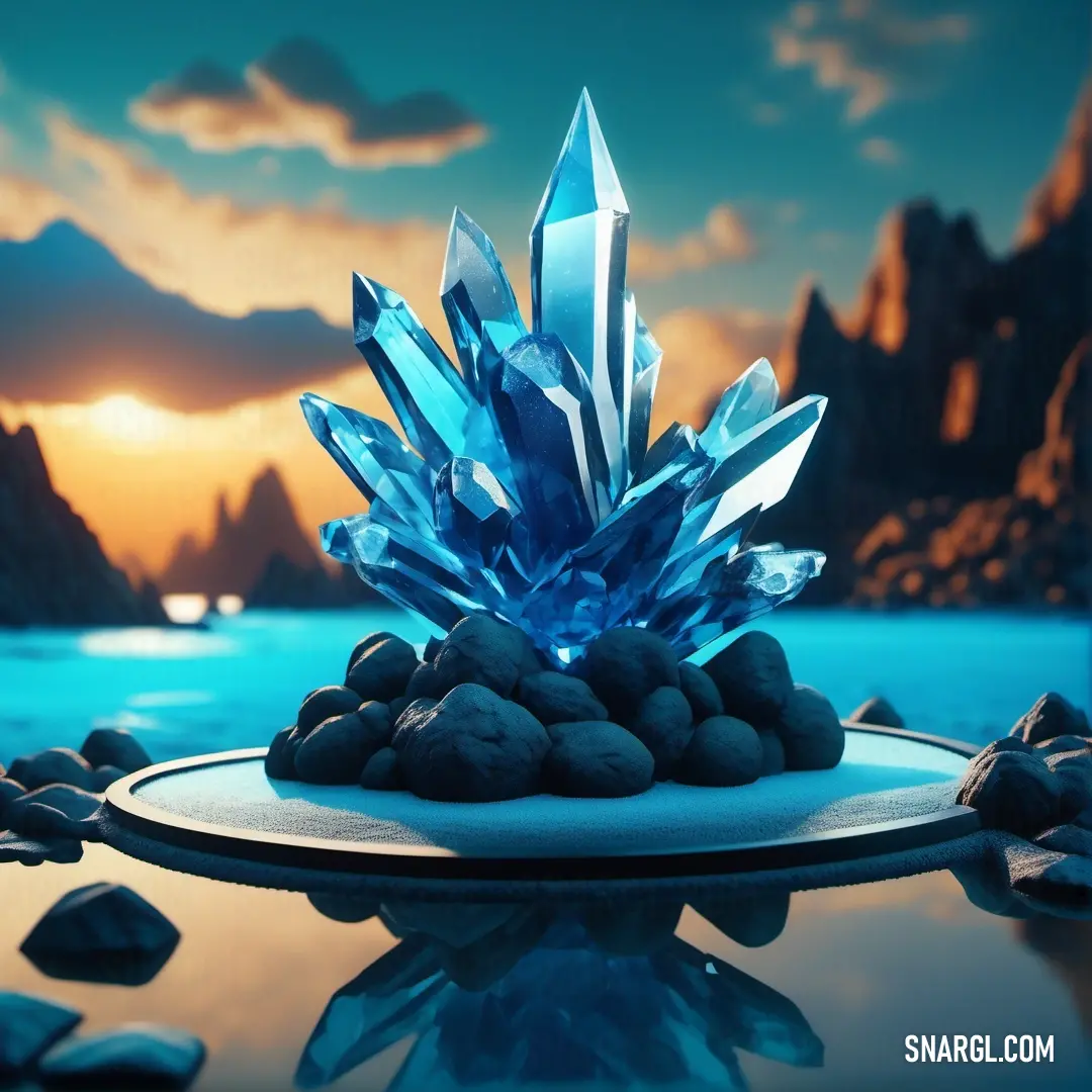 Blue crystal object on top of a table next to a lake and mountains in the background. Color RGB 96,194,224.