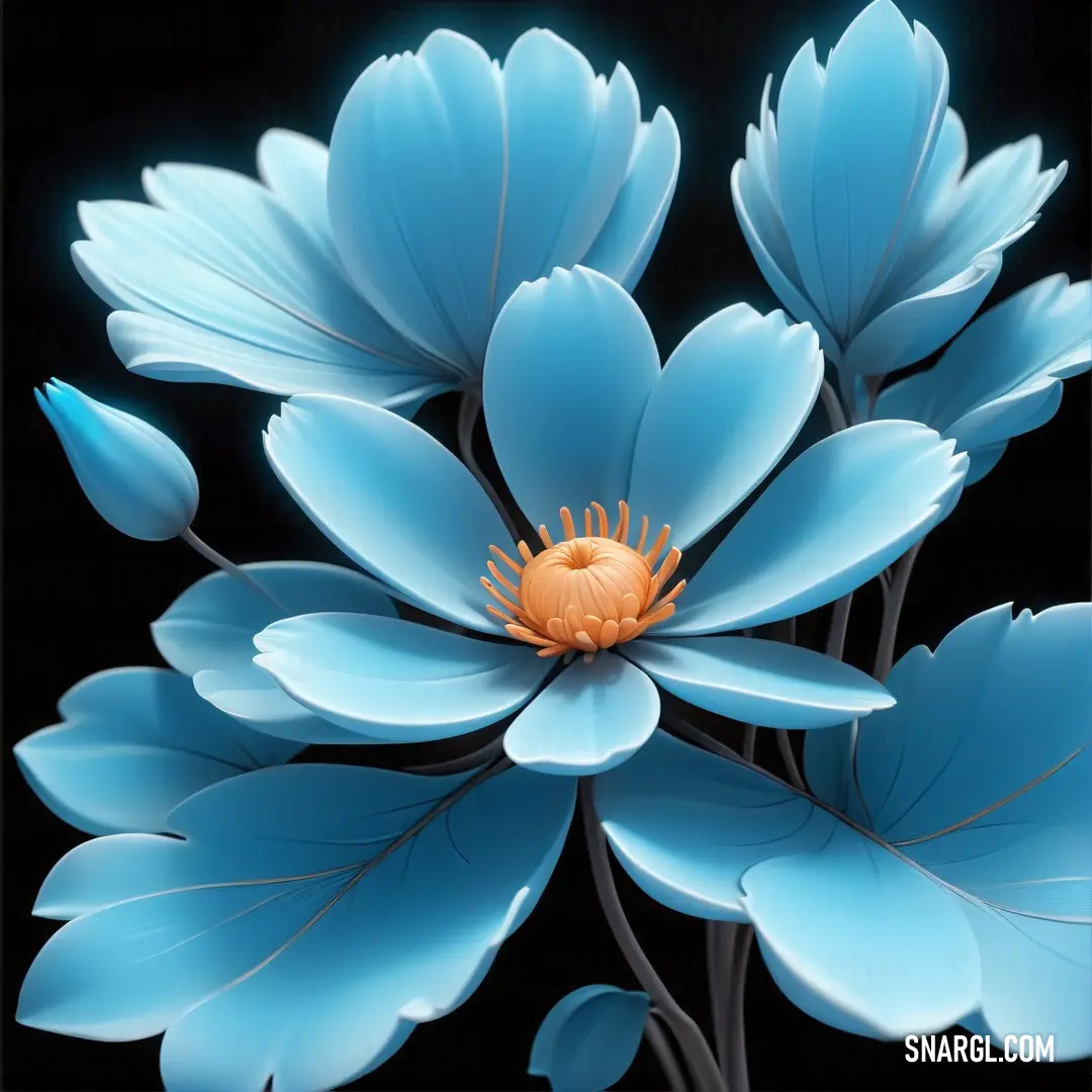 Blue flower with a yellow center on a black background. Color CMYK 60,0,3,0.