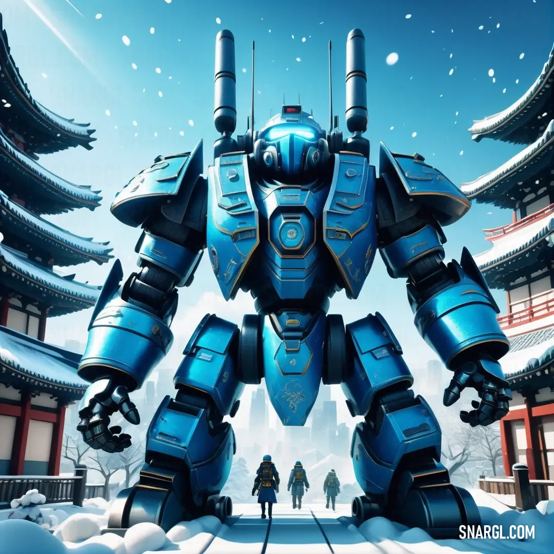 Giant robot standing in front of a building in the snow with a person walking by it in front of it. Example of #60C2E0 color.