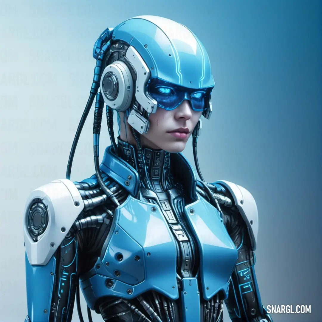 Woman in a blue robot suit with headphones on her head and a blue background. Example of CMYK 60,0,3,0 color.