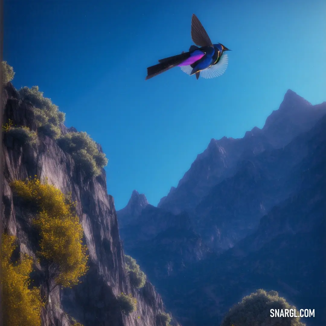 PANTONE 299 color. Bird flying over a mountain with a bird flying above it's head and a bird below it