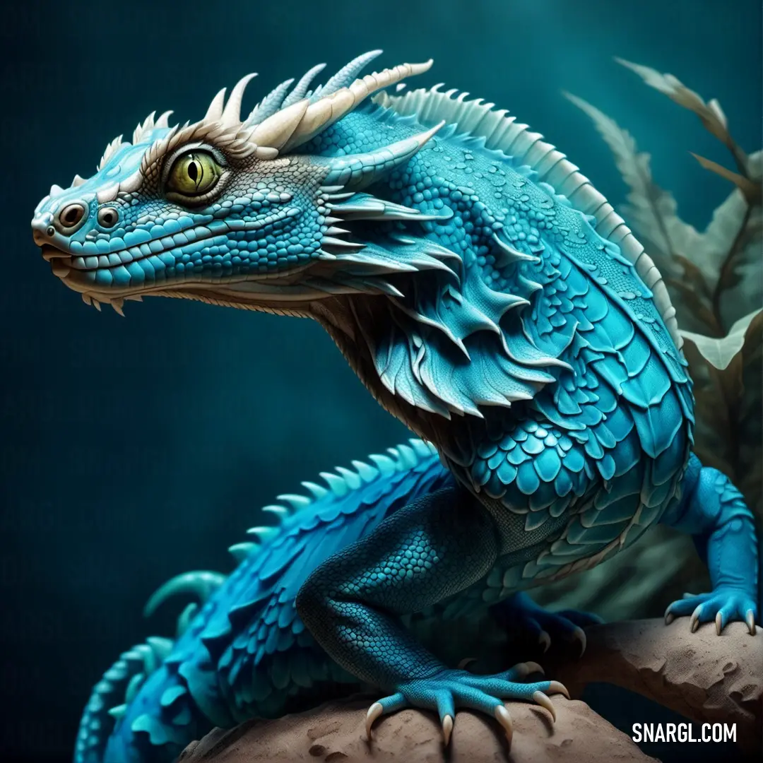 Blue dragon statue on top of a tree branch in a forest setting with a dark background. Example of CMYK 86,8,0,0 color.