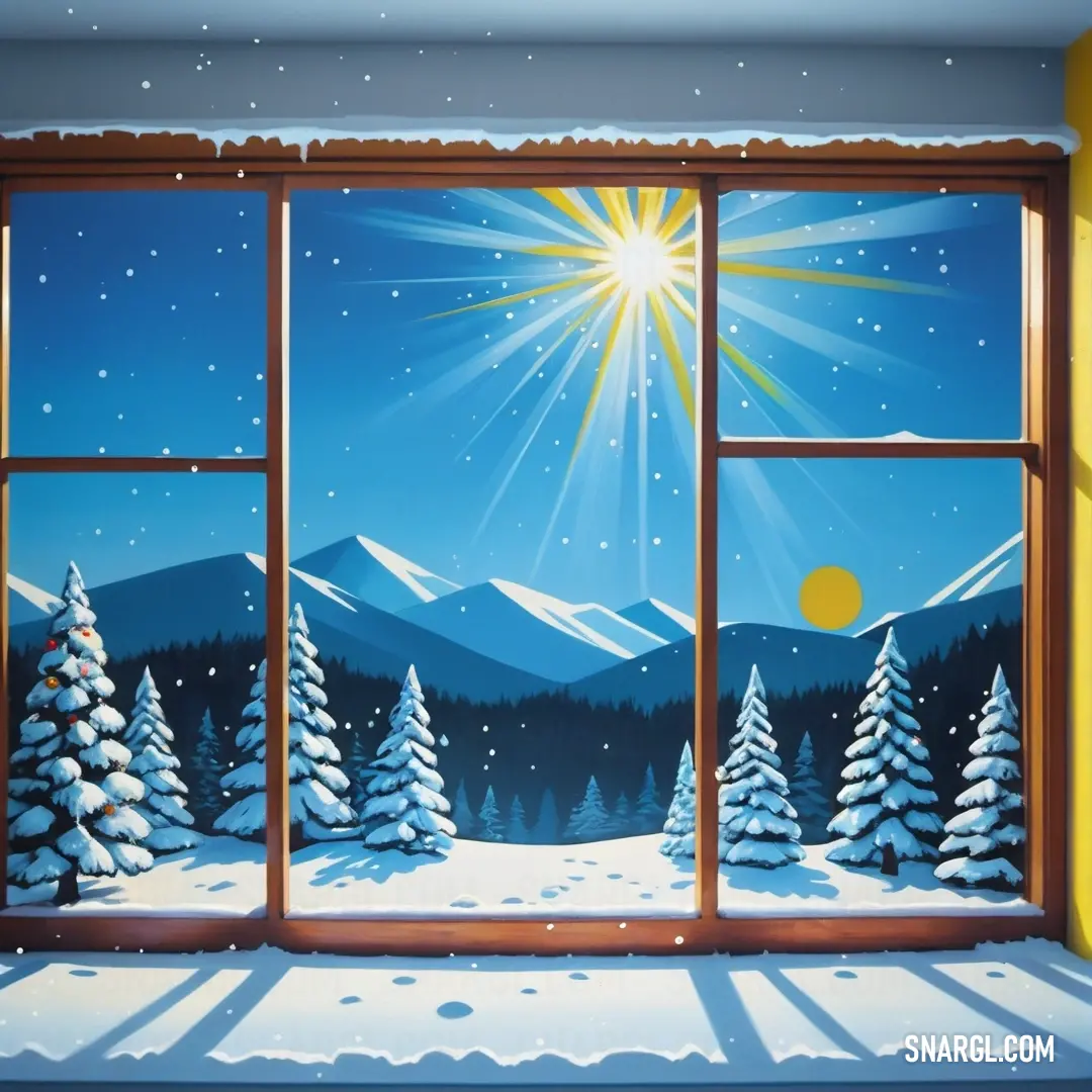 Window with a view of a snowy mountain and trees outside of it with the sun shining through the window. Example of #00A0DC color.