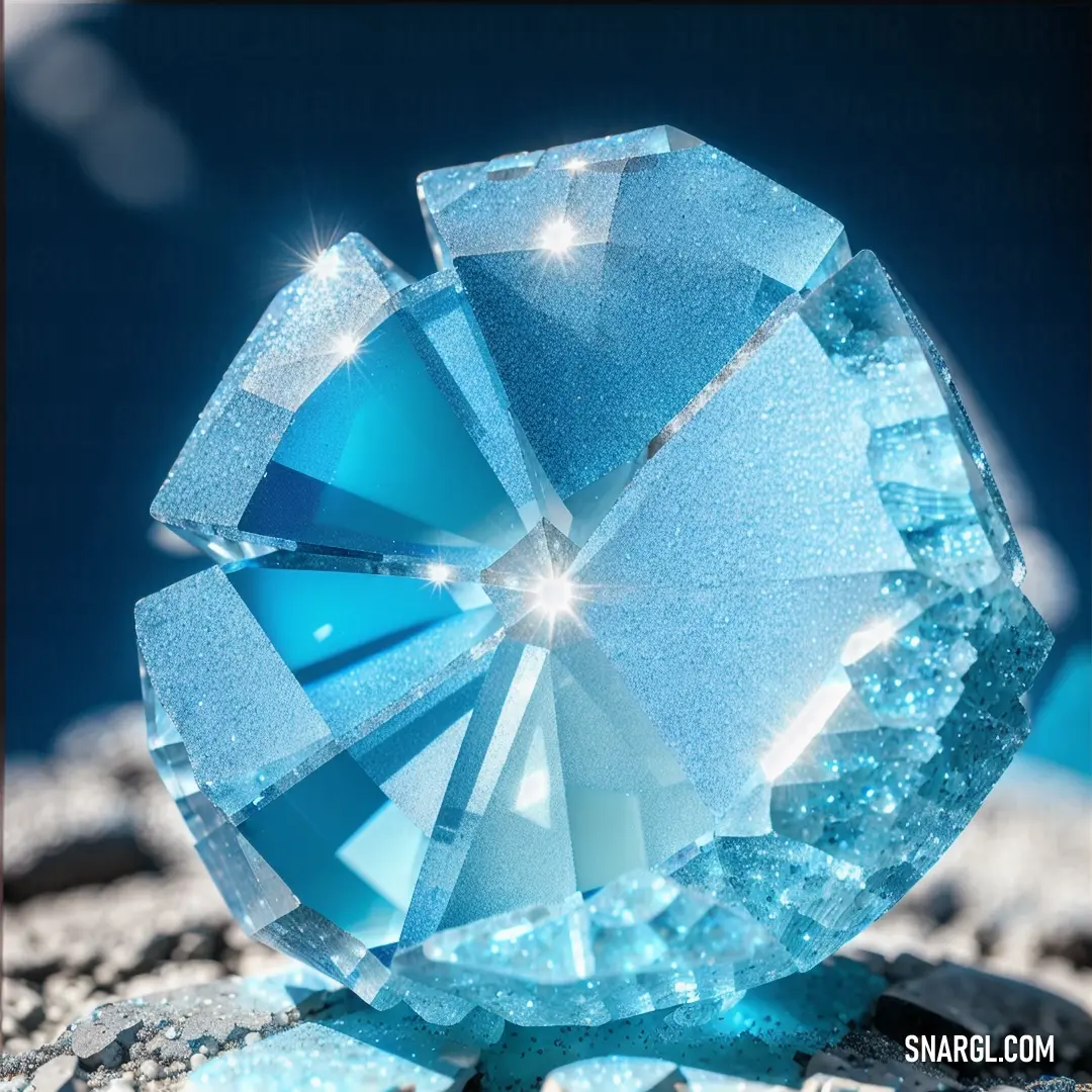 Blue diamond on top of a rock covered in snow and ice crystals with a blue sky background. Example of CMYK 83,1,0,0 color.
