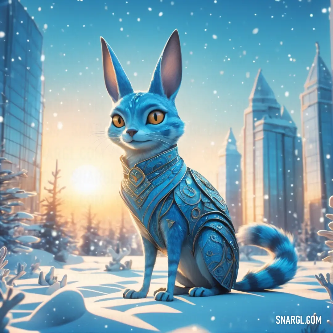 Cat in a blue outfit in the snow in front of a cityscape with snow falling. Example of CMYK 83,1,0,0 color.