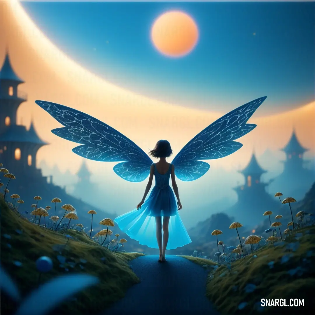 Fairy with a blue dress and wings standing on a path in a field of flowers and grass with a full moon in the background