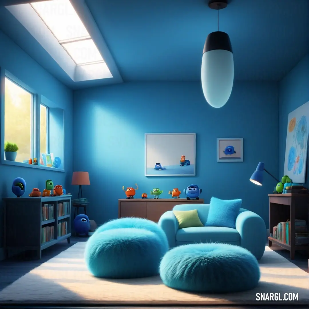 Living room with a blue couch and a blue chair and ottoman in it and a blue wall and ceiling. Example of CMYK 83,1,0,0 color.