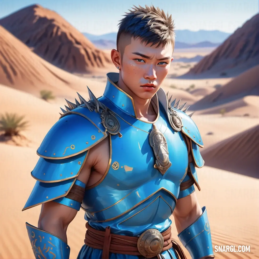 Man in a blue armor standing in the desert with mountains in the background. Example of RGB 0,173,230 color.