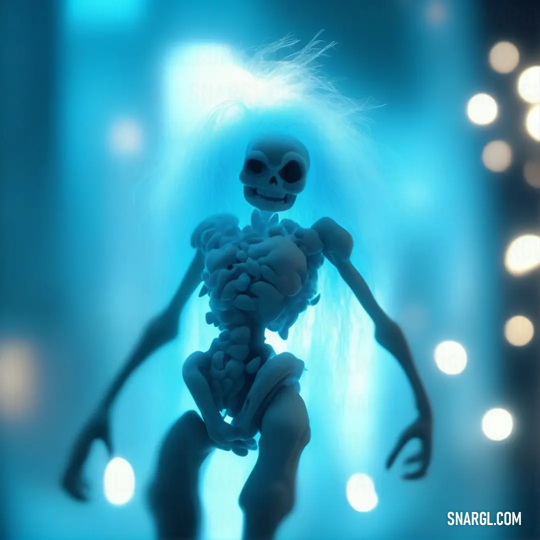 Skeleton is standing in a blue room with lights around it and a light up background. Example of #00ADE6 color.