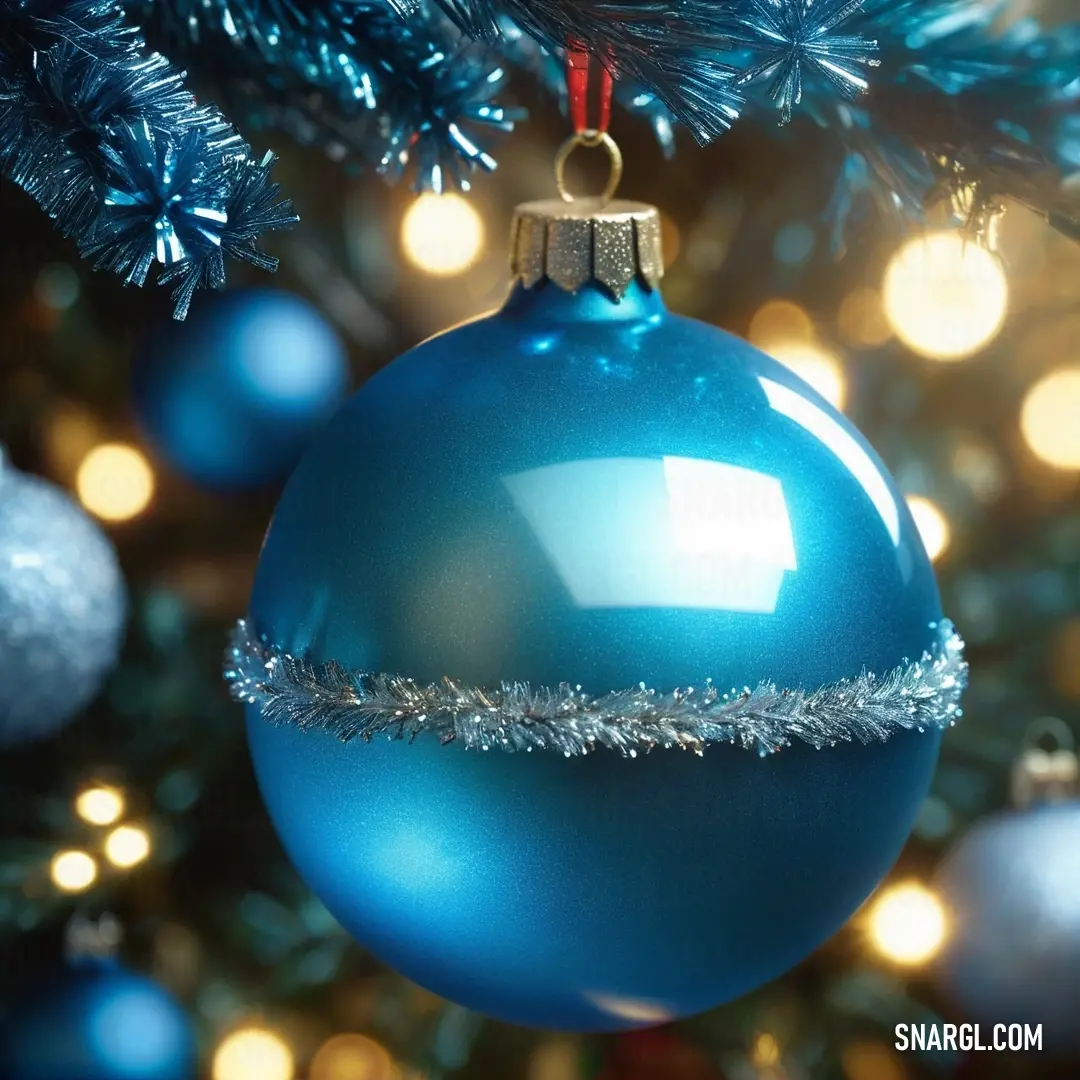 PANTONE 300 color example: Blue christmas ornament hanging from a christmas tree with lights in the background