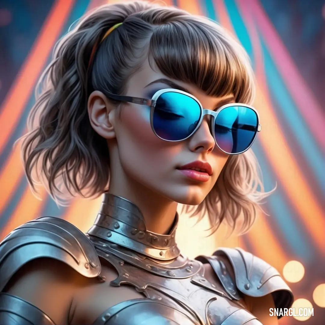 Woman wearing a futuristic outfit and sunglasses with a futuristic background. Color RGB 0,108,180.