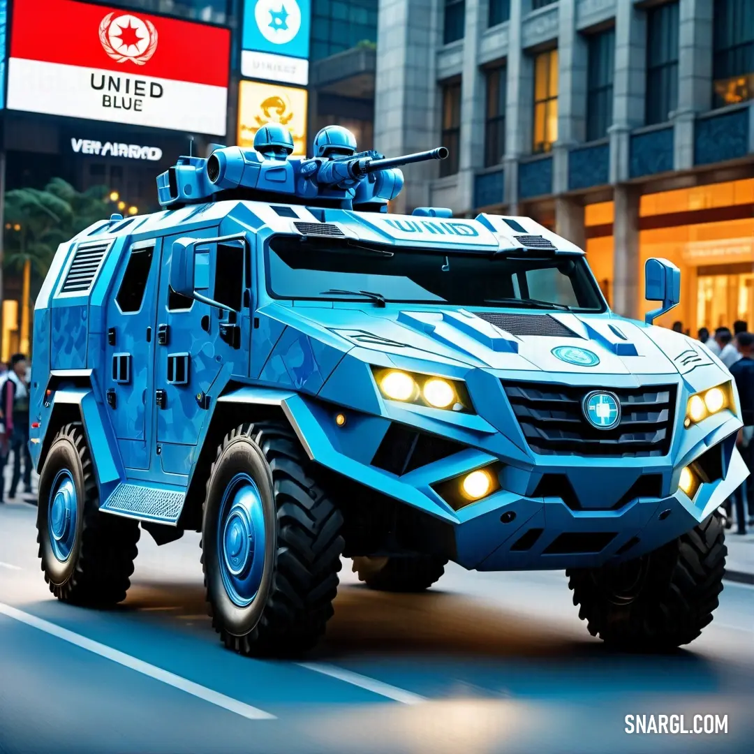 Blue armored vehicle driving down a street next to a tall building with a sign on it's side. Color RGB 0,129,200.