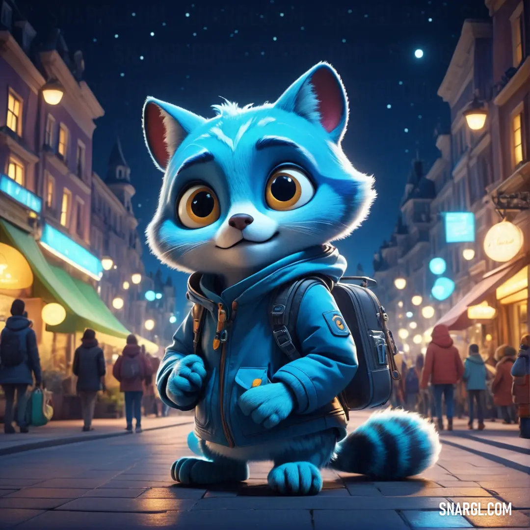 Cartoon character is standing on a city street at night with a backpack on his back and a backpack on his shoulder