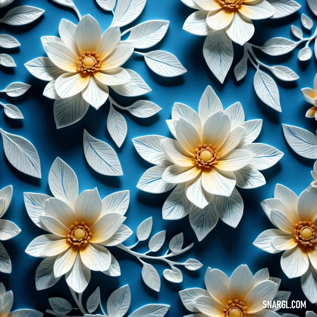 What color is PANTONE 301? Example - Bunch of white flowers on a blue background with leaves and petals on it's petals are white and yellow