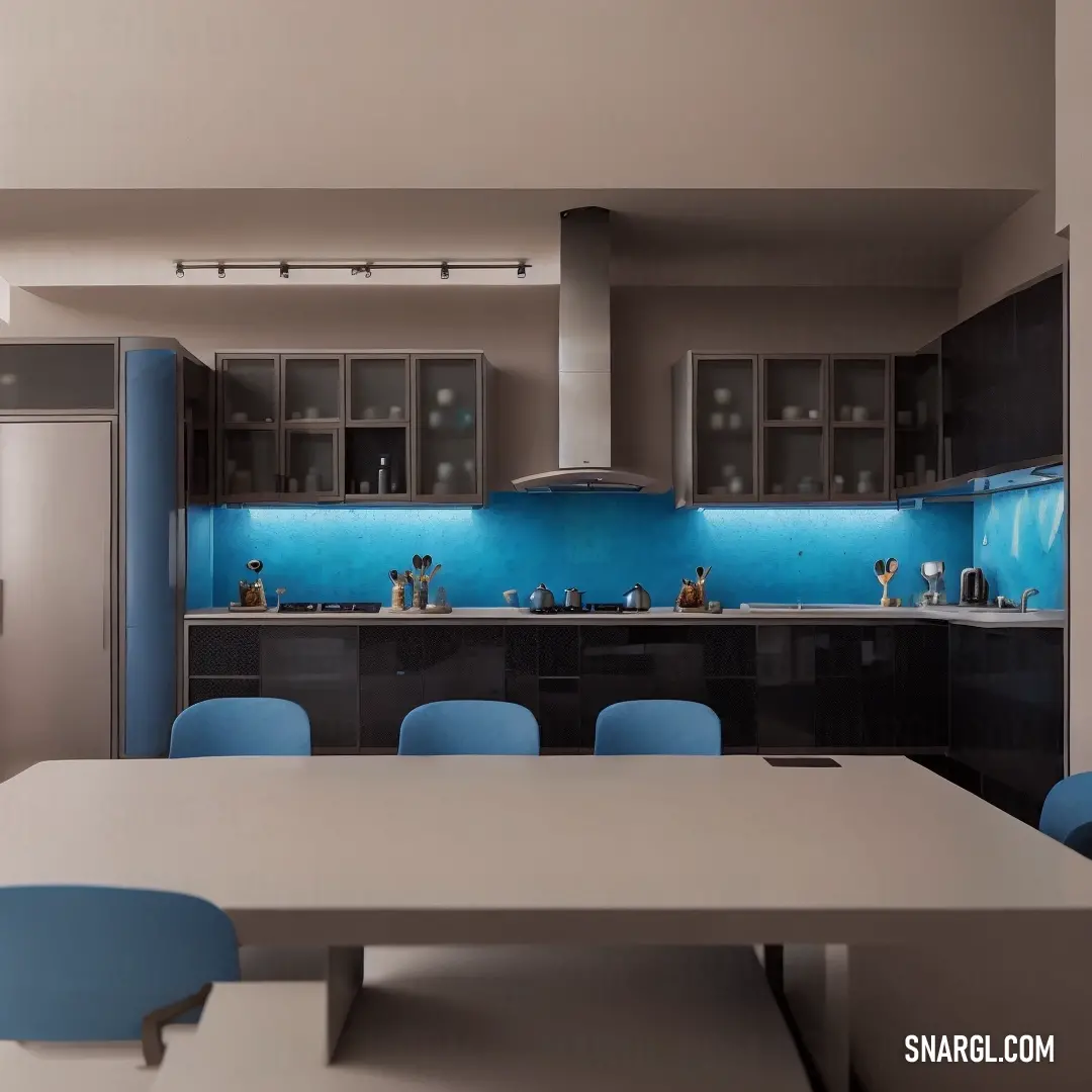 #005B95 color. Kitchen with a table and chairs and a blue light on the wall behind it and a refrigerator and oven