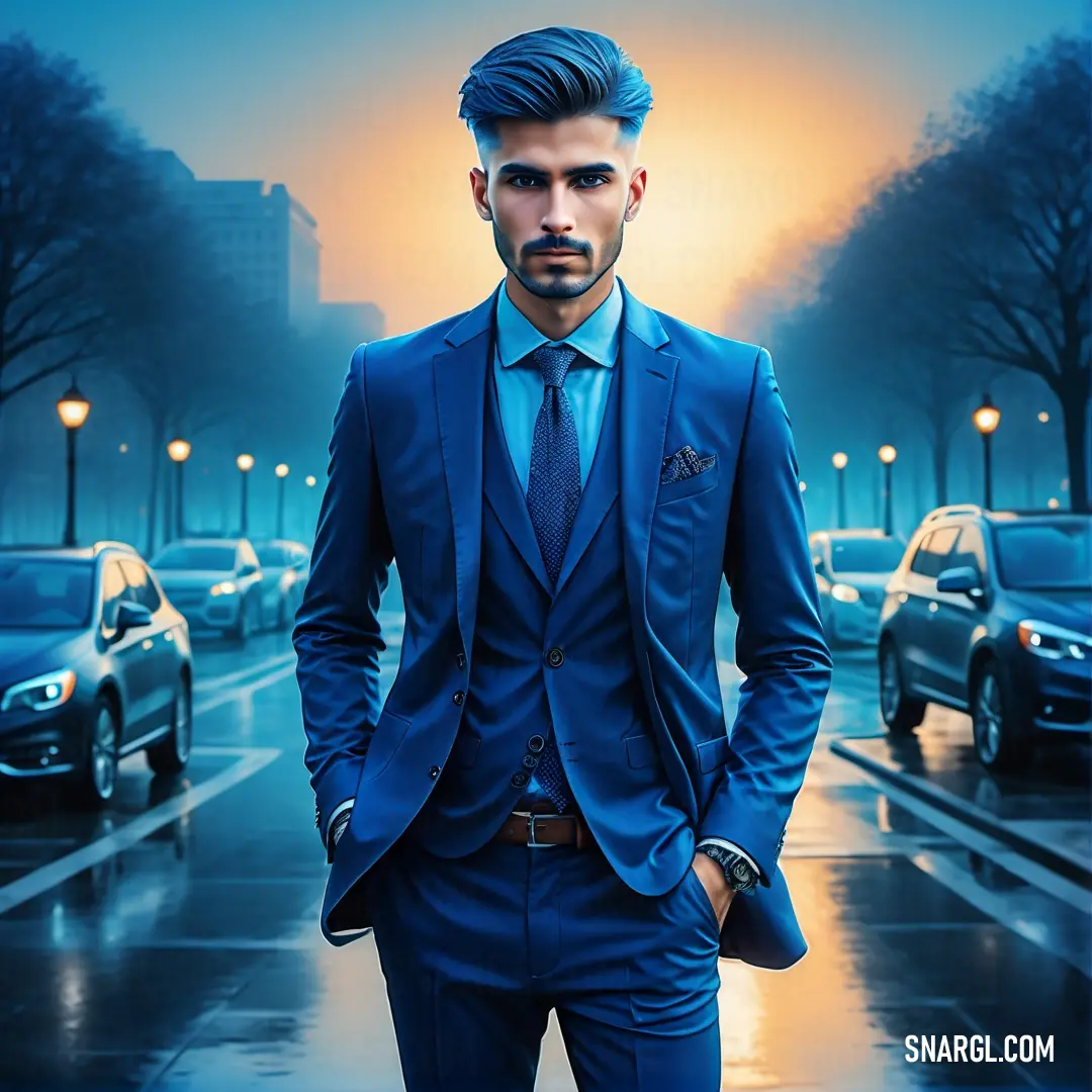 Man in a suit standing in the rain in front of a city street at night with cars parked on the street. Color CMYK 100,53,4,19.