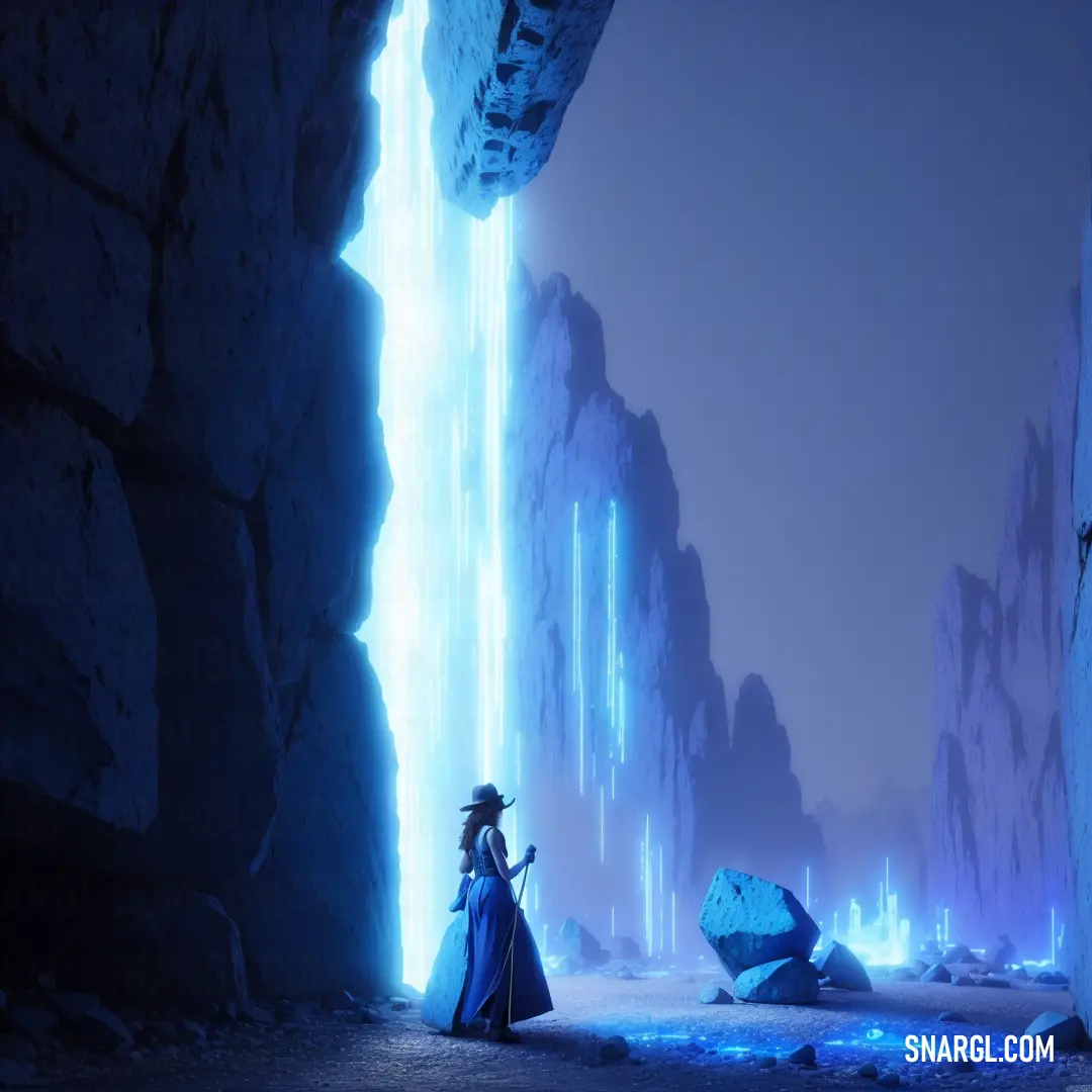 #005B95 color example: Woman in a blue dress standing in a cave with a light coming from her face and a rock wall