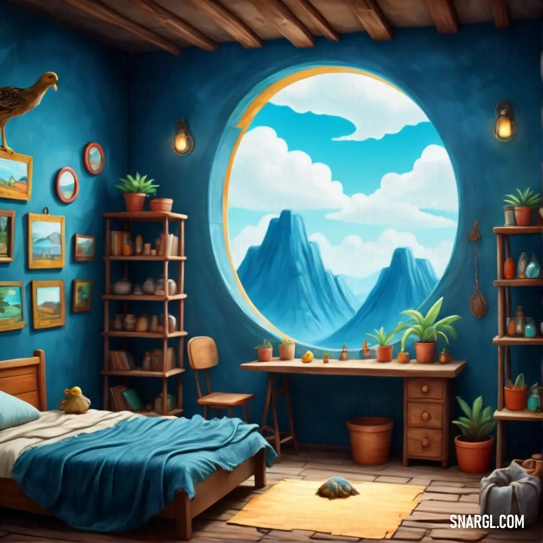 Bedroom with a large window and a bed in it with a blue wall and a mountain scene on the wall. Example of #00496A color.