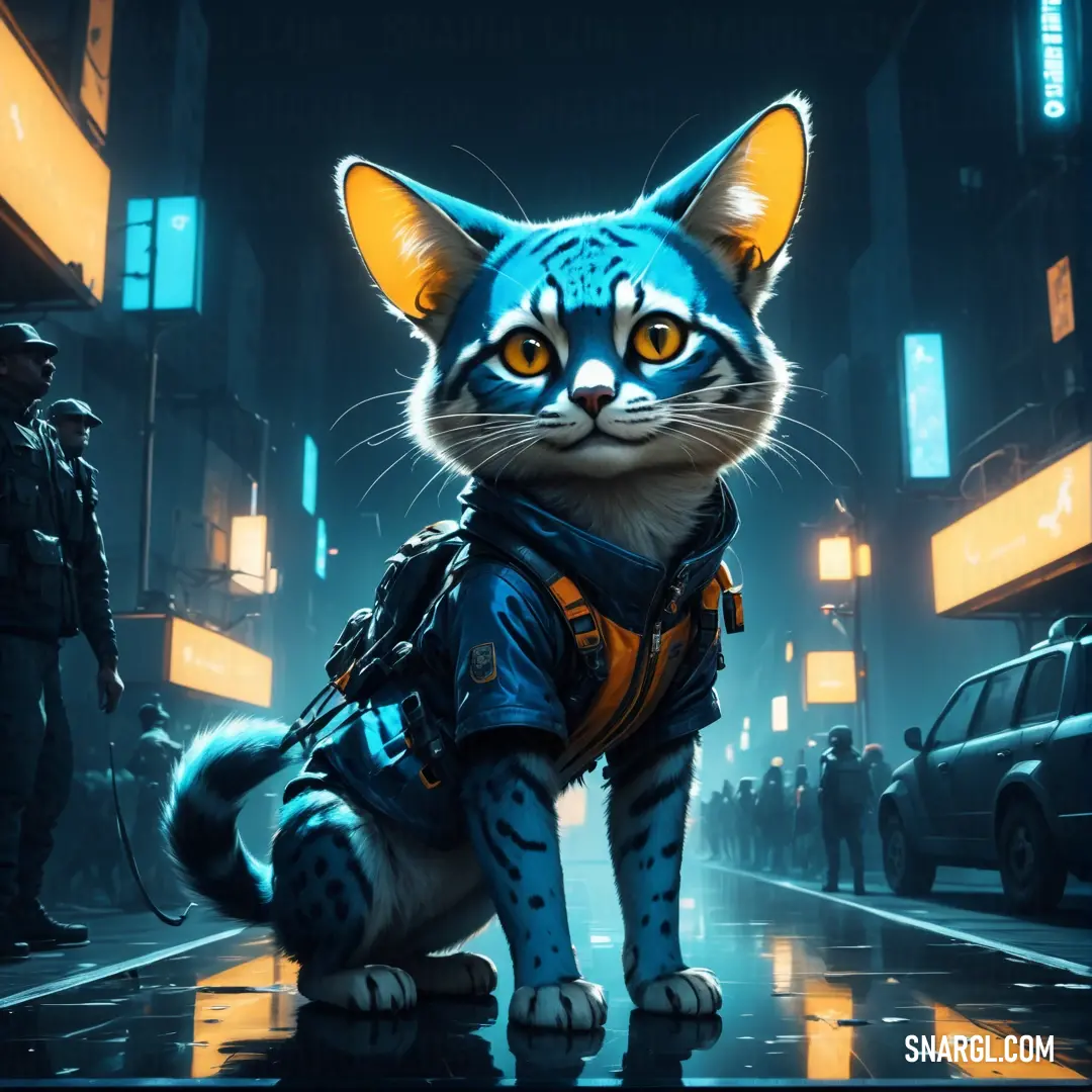 Cat with a blue and yellow jacket on standing in a city street at night with a police officer in the background