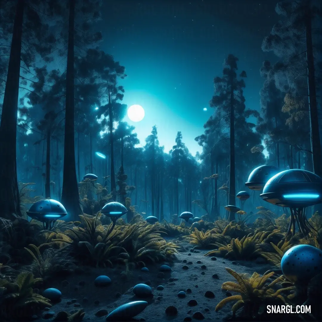 Forest with a lot of mushrooms and plants in it at night time with a full moon in the sky. Example of PANTONE 302 color.