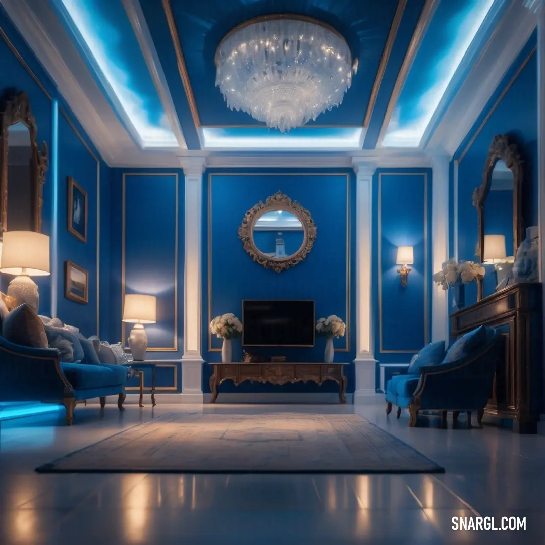 Living room with blue walls and a chandelier hanging from the ceiling and a blue couch and chair. Example of CMYK 100,48,12,58 color.