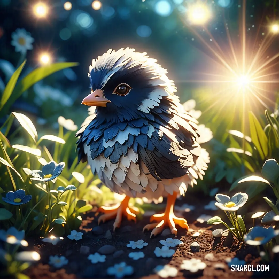 Small bird standing on a patch of grass with flowers around it and a bright light shining on the background. Color #00496A.