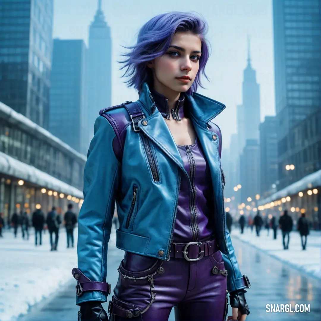Woman with purple hair and a blue jacket in a city street with people walking around her and a cityscape in the background