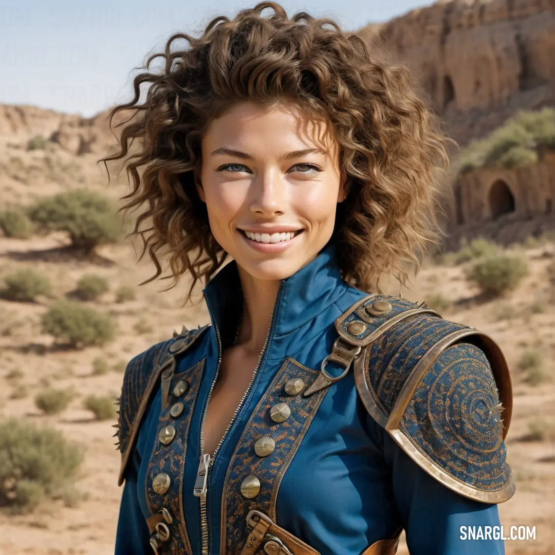 PANTONE 3025 color. Woman in a blue dress and a helmet smiling at the camera with a desert background