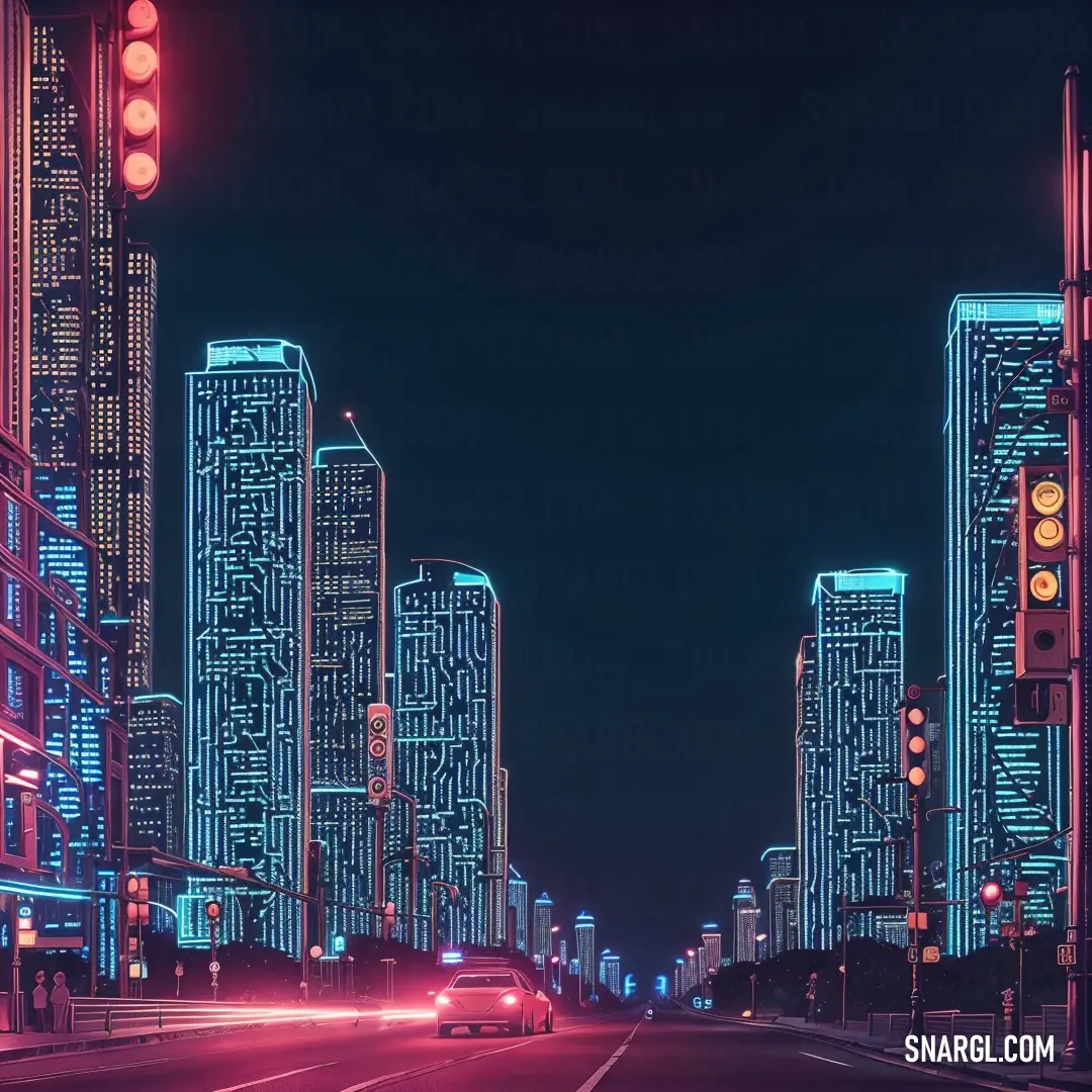 Car driving down a city street at night time with a lot of tall buildings in the background. Color PANTONE 303.