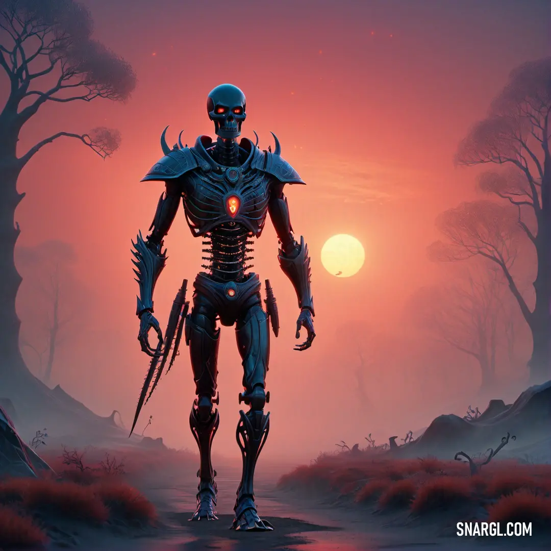 Skeleton standing in a forest with a glowing light in his face and a glowing light in his mouth. Example of PANTONE 3035 color.