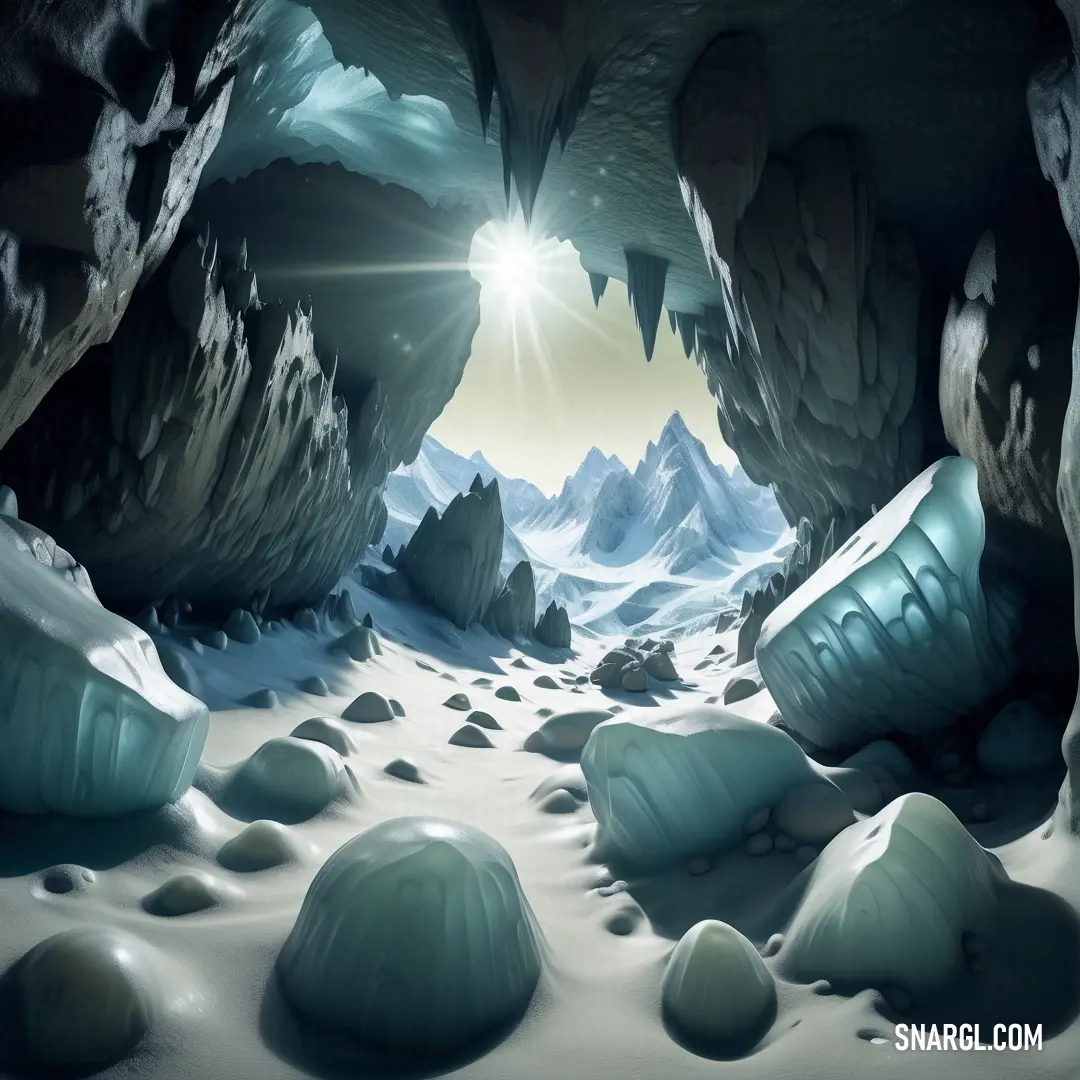 PANTONE 304 color example: Cave with snow and rocks and a bright light coming from the entrance to the cave is shown in the background