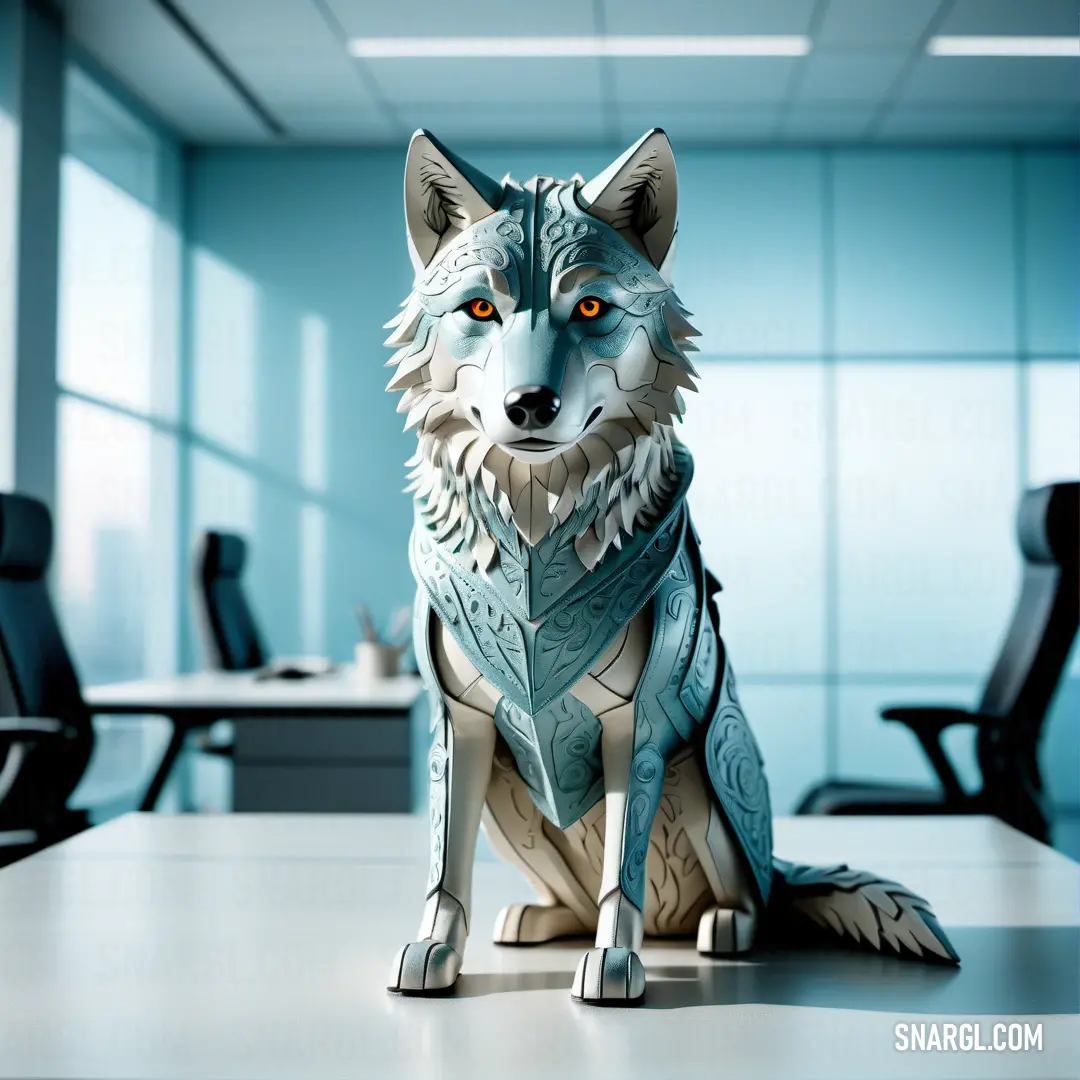 PANTONE 304 color. Paper sculpture of a wolf on a desk in an office setting with a chair and desk in the background