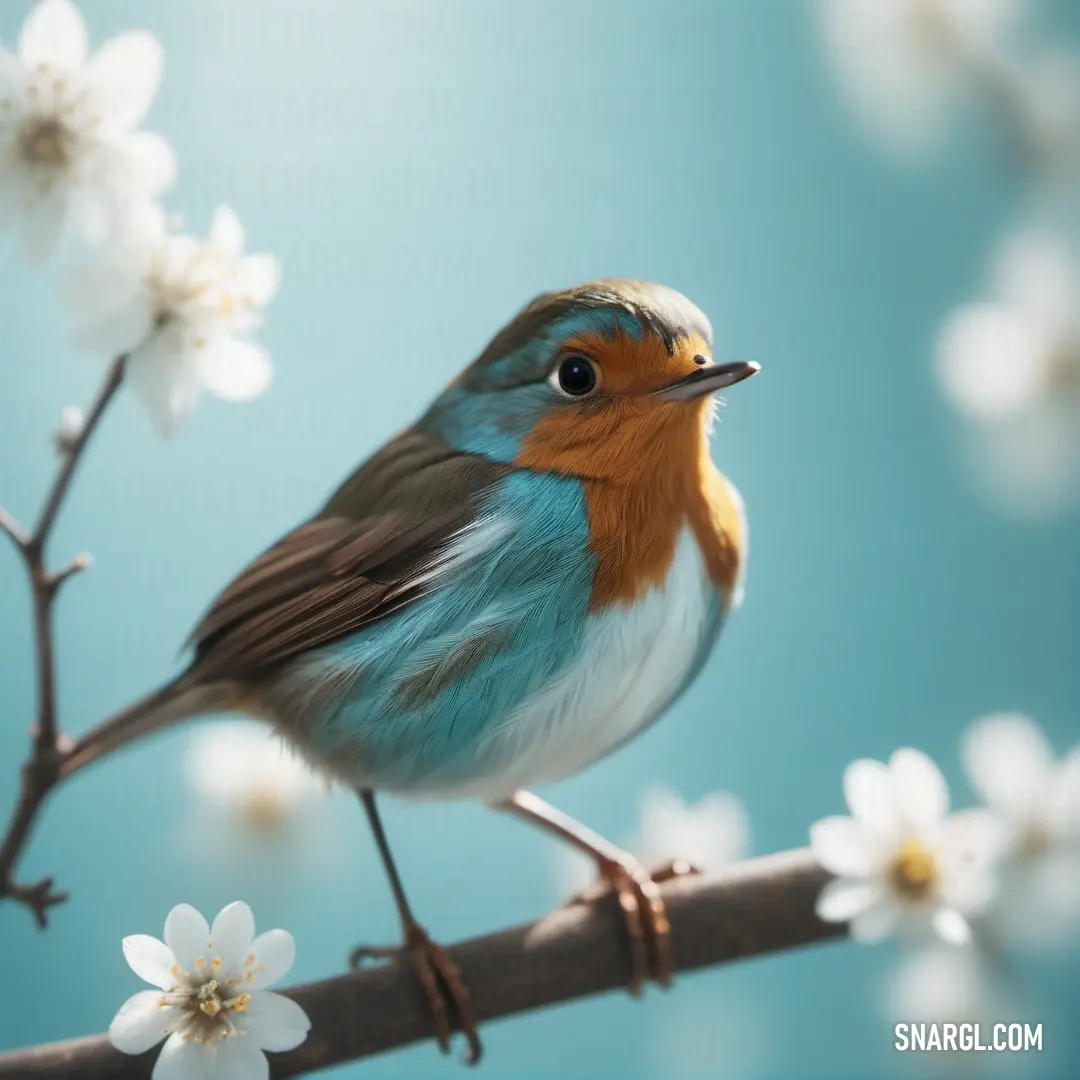 Small bird on a branch with white flowers in the background. Color RGB 166,214,222.
