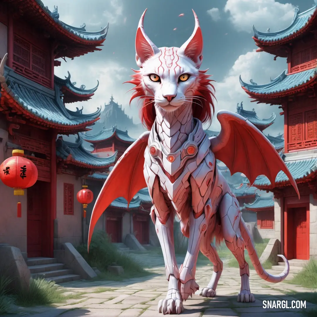 White cat with red wings standing in front of a building with red lanterns on it's roof. Example of RGB 166,214,222 color.