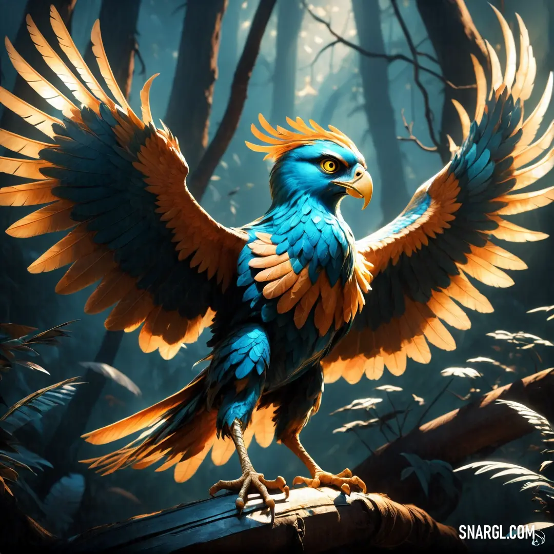 PANTONE 306 color. Bird with orange and blue feathers is standing on a branch in the woods with its wings spread out