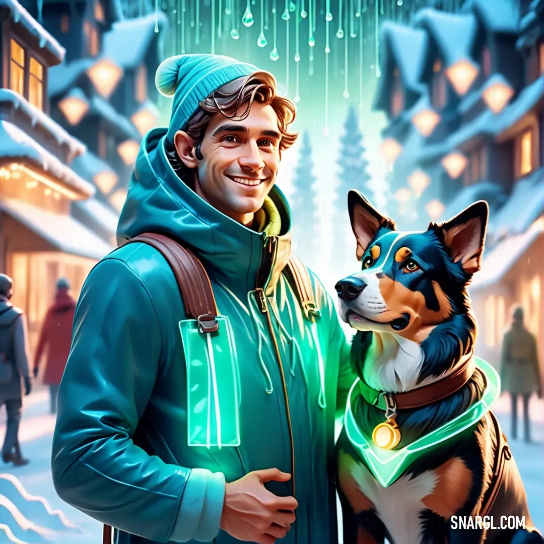 Man in a green jacket and a dog in a green jacket standing in front of a snowy street. Color CMYK 75,0,5,0.
